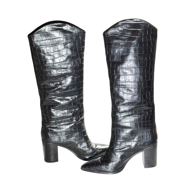 SCHUTZ Shoes - Schutz Mariana Black Crocodile-Embossed Leather Knee-High Black Boots 9.5B